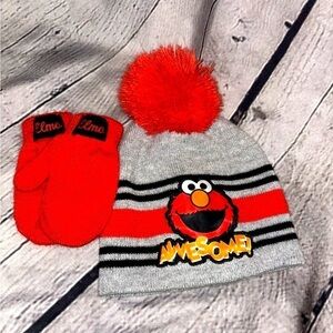 Sesame Street Elmo Hat And Glove Set Toddler Age 2-4 Gray/Red Knit Winter Unisex